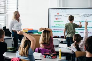 Schulklasse arbeitet gemeinsam am großen Smart Board
